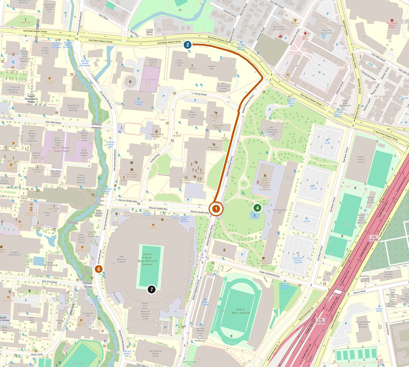 Campus map with the band march corner, bus stops and walking route